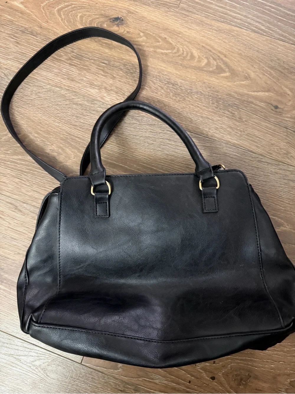 Women's Black Leather Satchel with Gold Accent Hardware - Picture 2 of 4